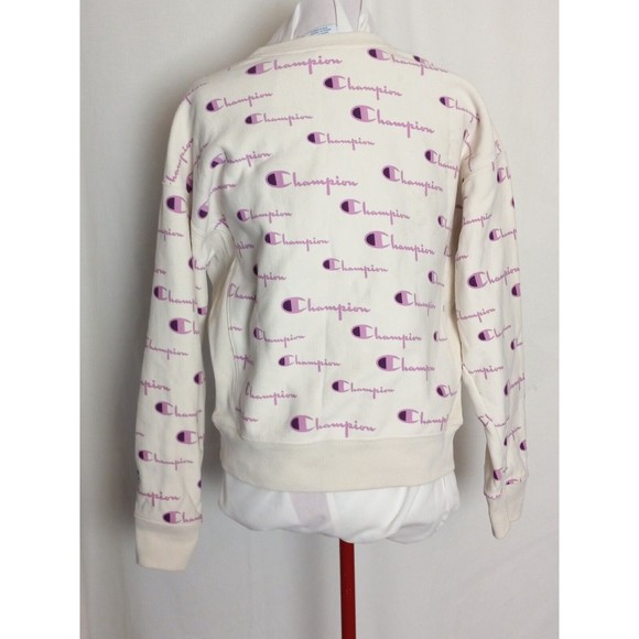 Champion Reverse Weave White Sweatshirt with all over Pink Logo Size Large - Picture 4 of 5